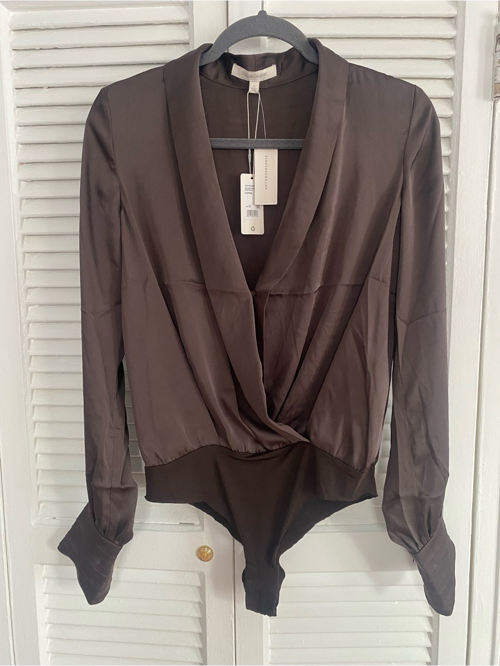 Anthropologie Brown Satin Surplice Long-Sleeve Bodysuit